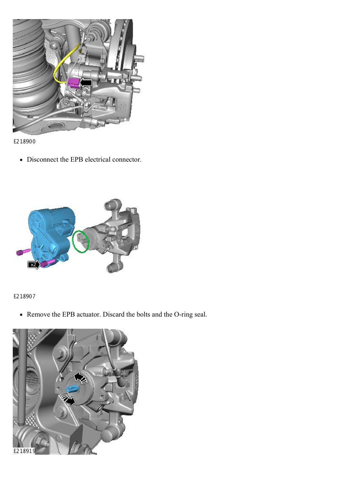 EPB caliper detail — motor location, carrier, and manual release